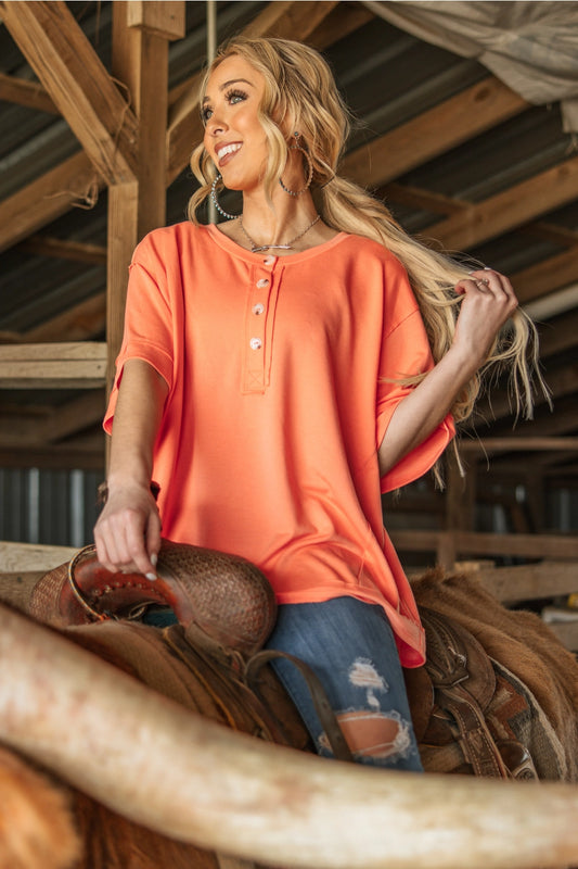 Button Detail Terry Cloth Top Coral