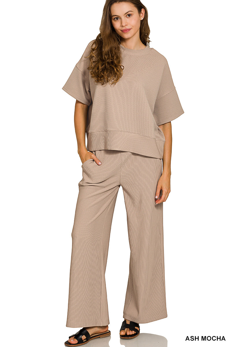 Ribbed Round Neck Tee & Pants Set-Ash Mocha