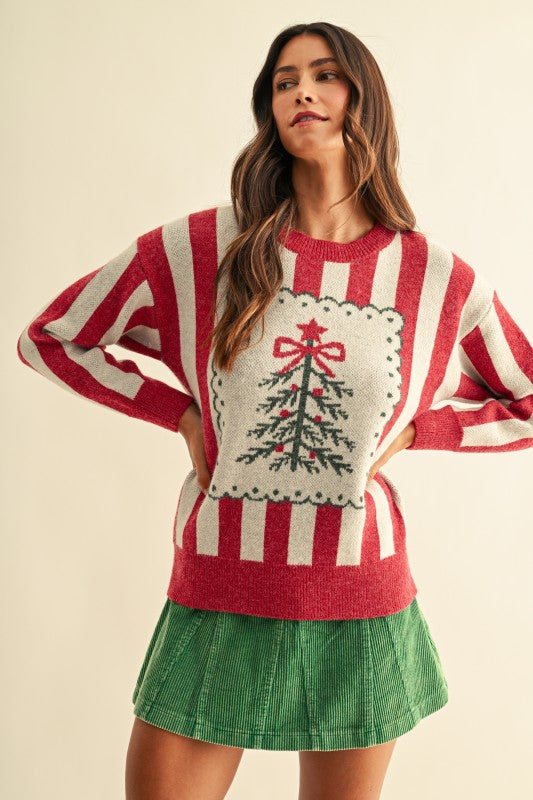 Christmas Tree Jacquard Striped Sweater