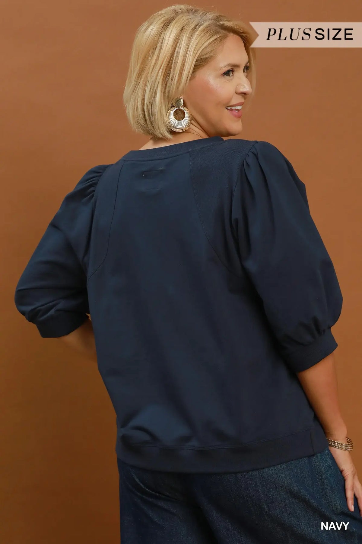 Plus Umgee Puff Sleeve Pullover Top Navy