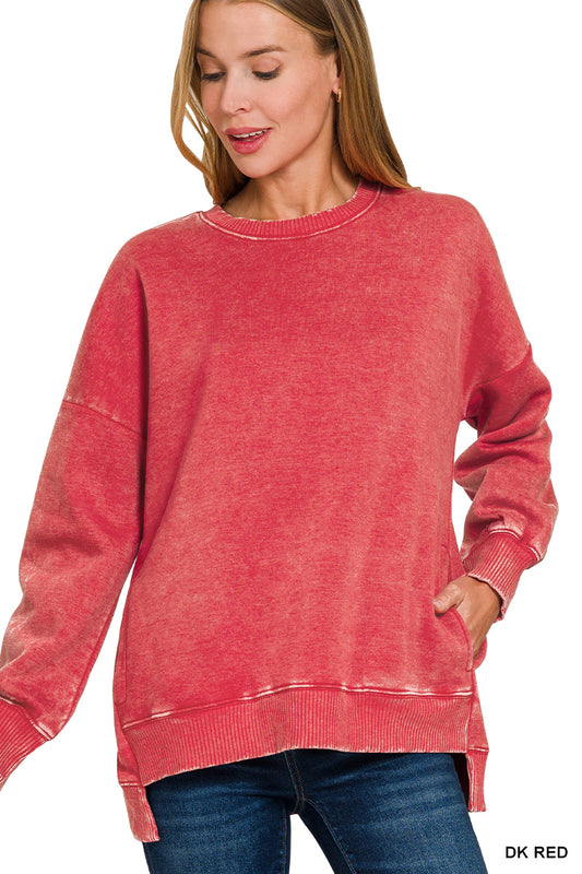 Zenana Dark Red Acid Wash Hi-Low Hem Pullover