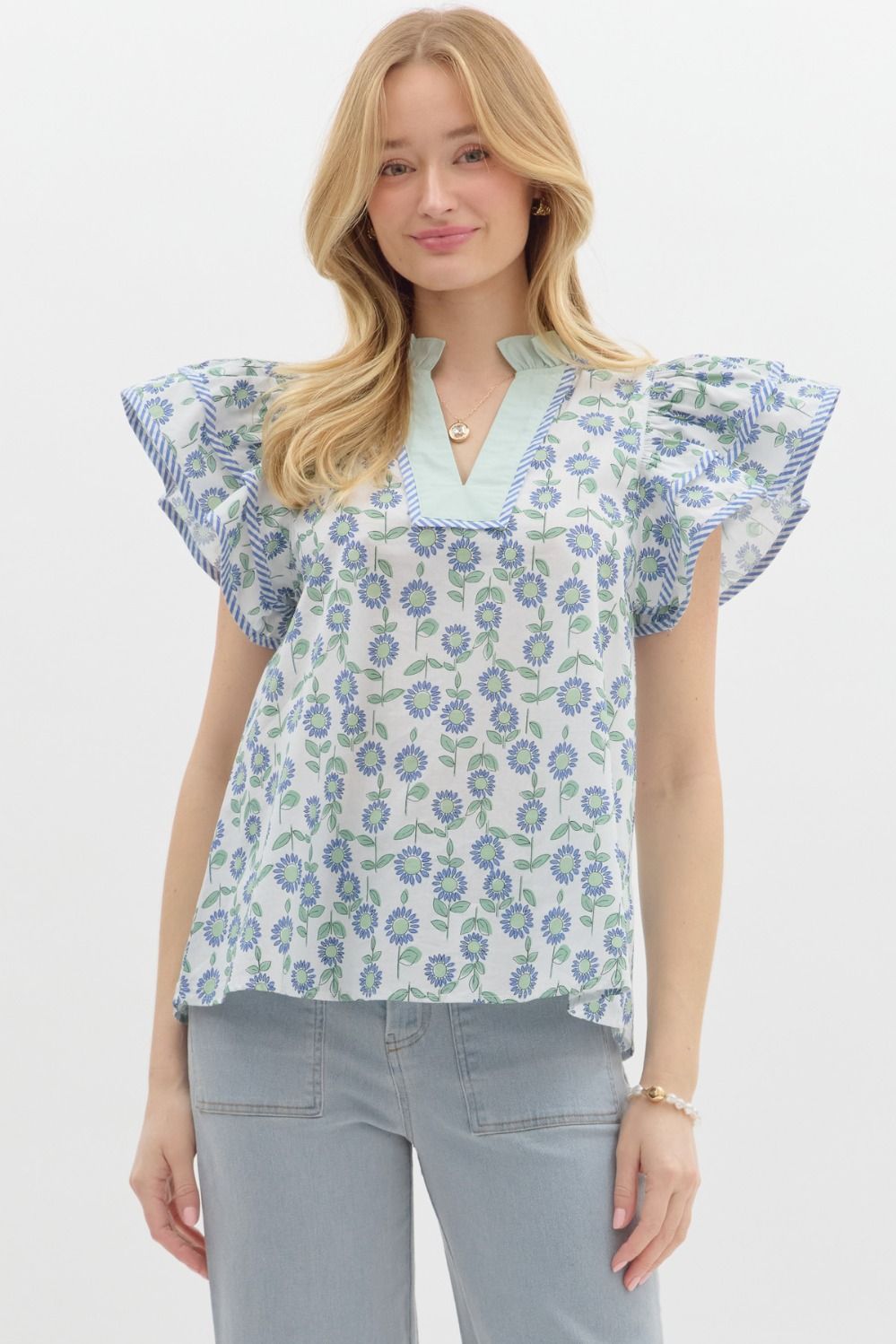 Entro Mint Floral Flutter Sleeve Top