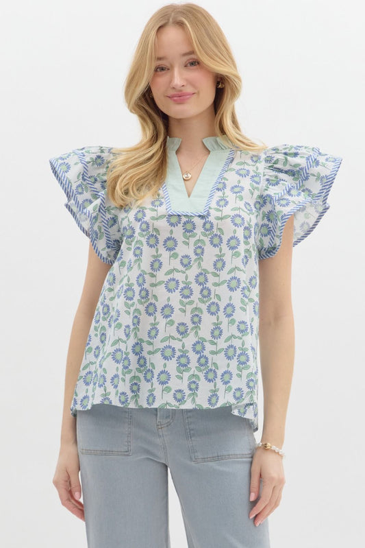 Entro Mint Floral Flutter Sleeve Top