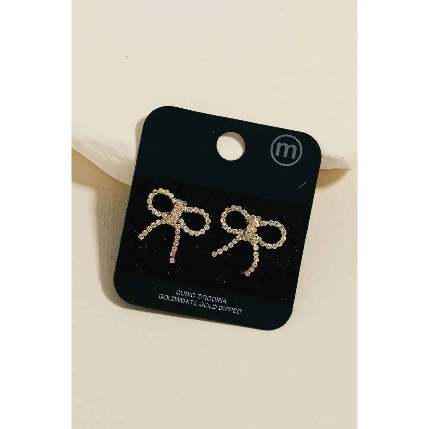 Gold Dipped CZ Ribbon Bowtie Stud Earrings-Gold
