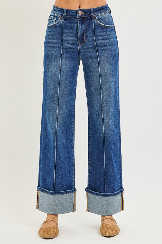 Risen High Rise Ankle Wide Turn Up Jeans