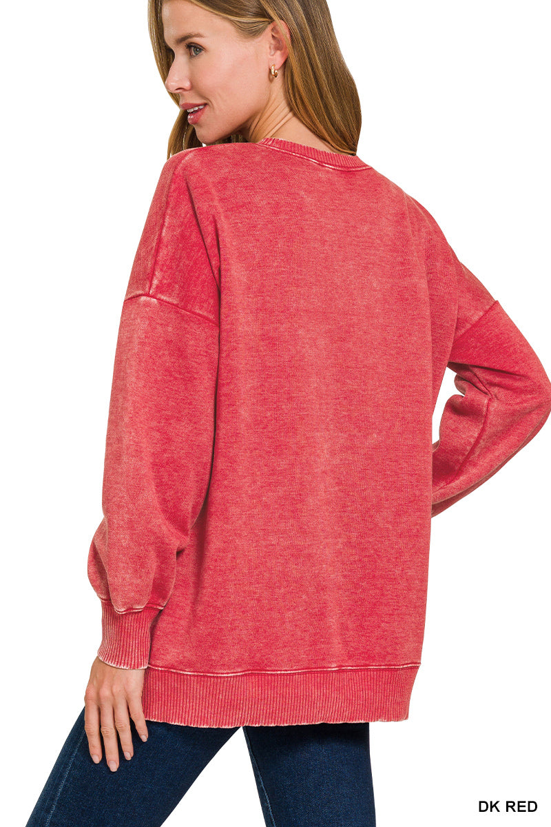Zenana Dark Red Acid Wash Hi-Low Hem Pullover