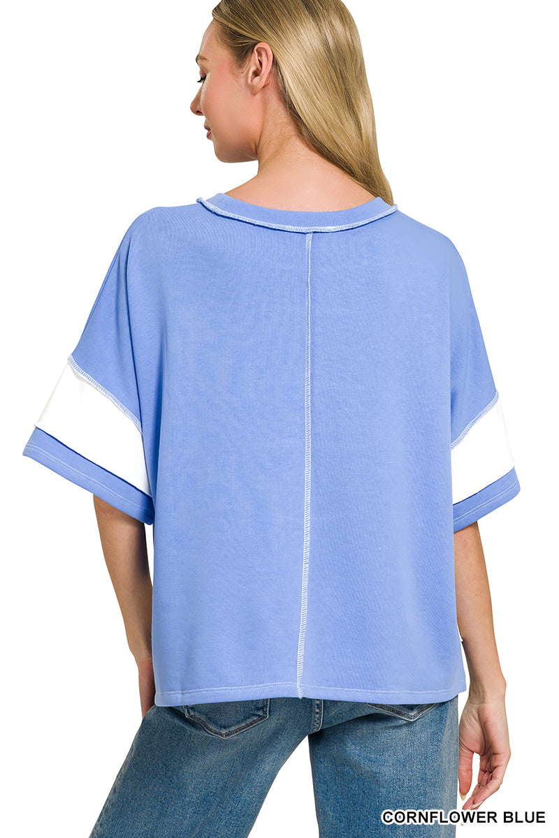 Zenana French Terry Striped Top Cornflower Blue