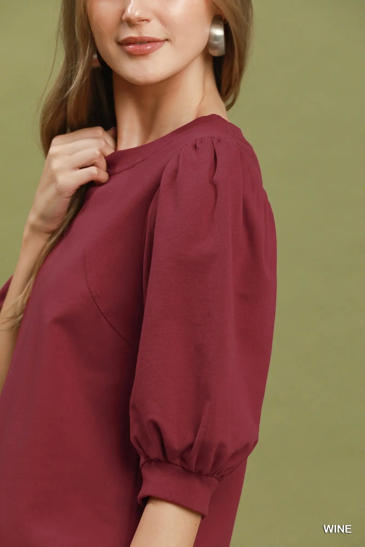 Umgee Puff Sleeve Pullover Top Wine