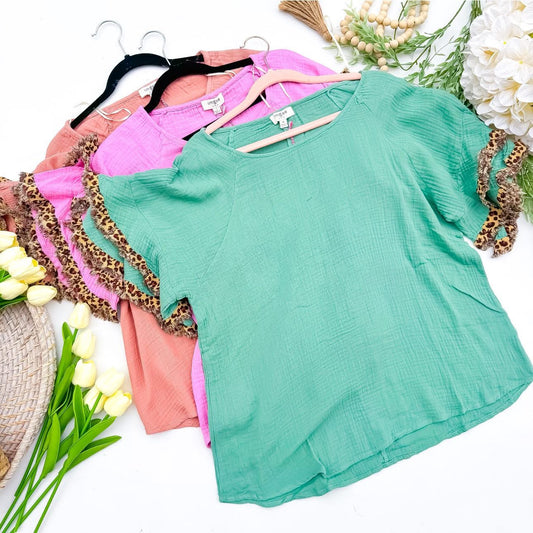 Umgee Gauze Leopard Trim Tops