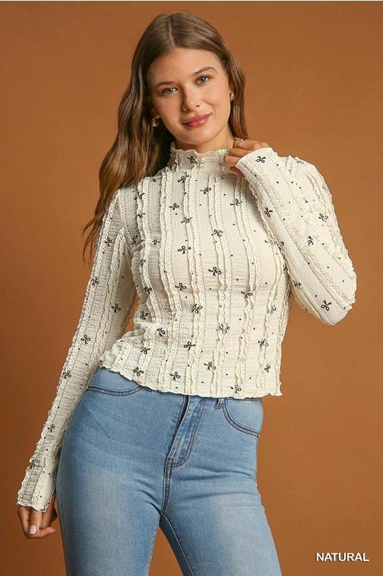 Umgee Cream Ribbon Print Long Sleeve Top
