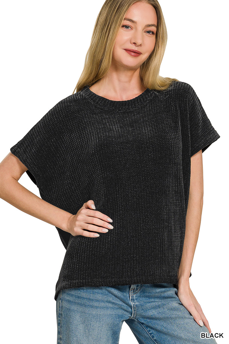 Zenana Chenille Waffle Cap Sleeve Sweater