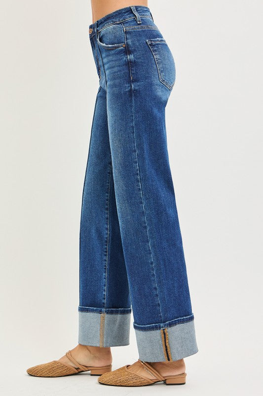 Risen High Rise Ankle Wide Turn Up Jeans