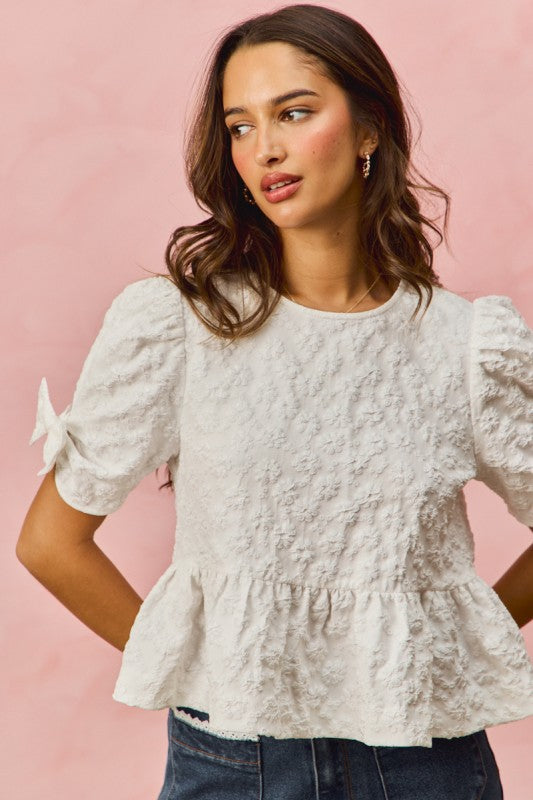 Floral Jacquard Short Sleeves Peplum Ribbon Top